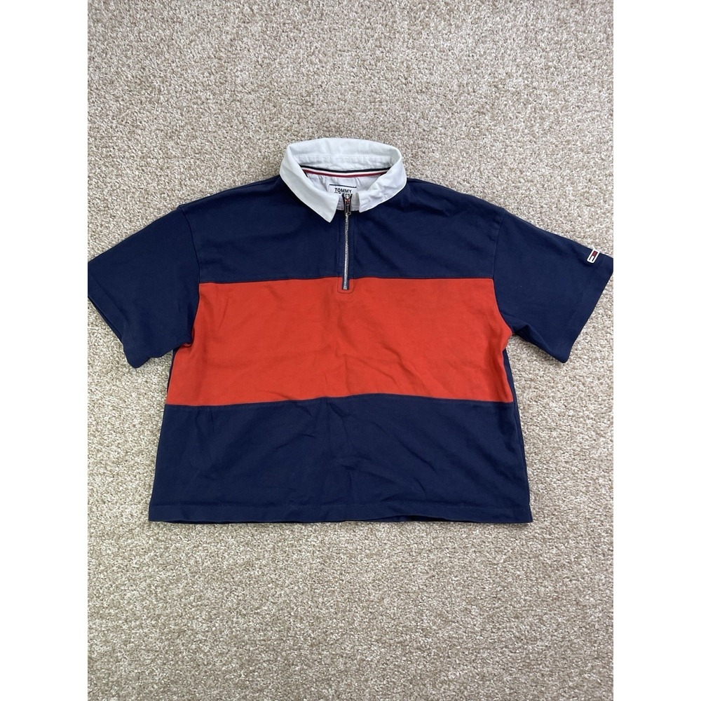 Tommy Hilfiger Polo Shirt Women's L Red Classic Fit Short Sleeve Flag Logo